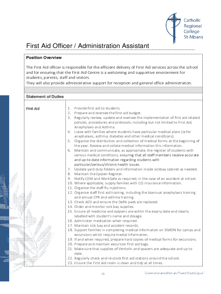 Fillable Online The Role and Responsibilities of a First Aid Officer
