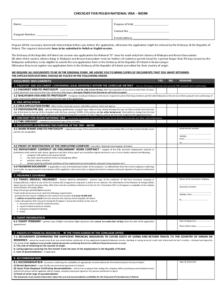 Fillable Online CHECKLIST FOR POLISH NATIONAL VISA WORK REQUIRED Fax Email Print PdfFiller fillable-online-checklist-for-polish-national-visa-work-required-fax-email-print-pdffiller