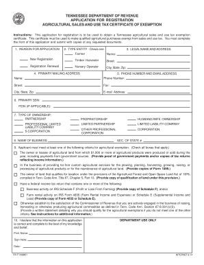 Tennessee Agricultural Sales and Use Tax Exemption Certificate