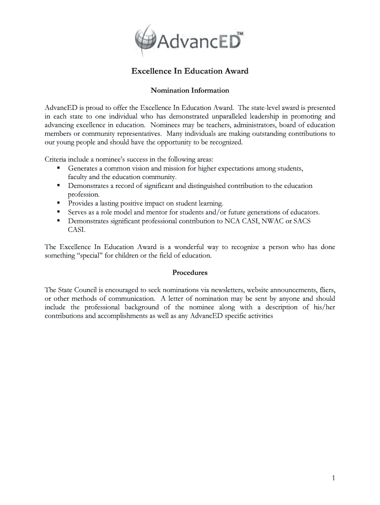 Fillable Online Excellence In Education Award Nomination Information