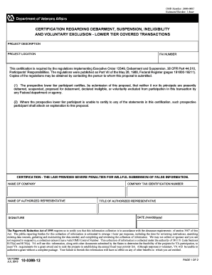 VA Form 10-0388-12 Certification for Lower Tier Covered Transactions