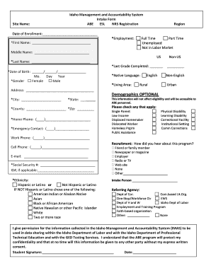 Idaho ABE ESL NRS Registration Form