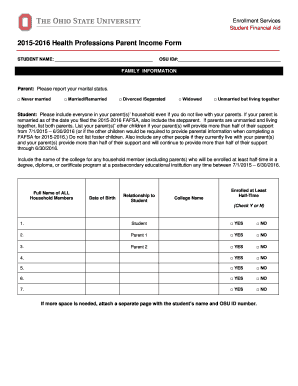 2015-2016 Health Professions Parent Income Form