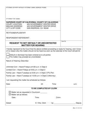 Request to Set Default or Uncontested Matter for Hearing
