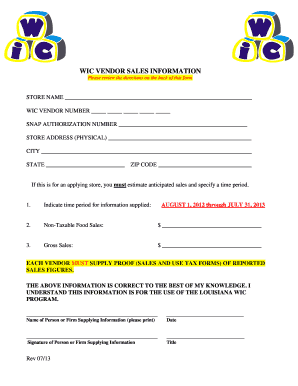 WIC Vendor Sales Information Form