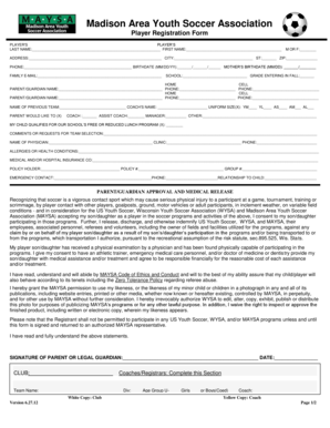 Madison Area Youth Soccer Player Registration Form