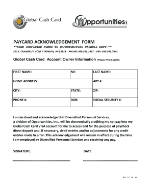 Paycard Acknowledgement Form