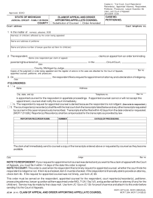 Michigan Claim of Appeal and Order Appointing Appellate Counsel