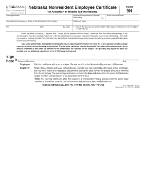 Nebraska Nonresident Employee Certificate Form 9N
