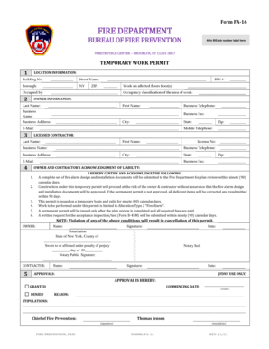 New York Temporary Work Permit for Fire Alarm Alterations