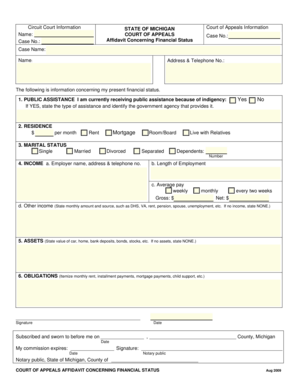 Michigan Court of Appeals Financial Status Affidavit