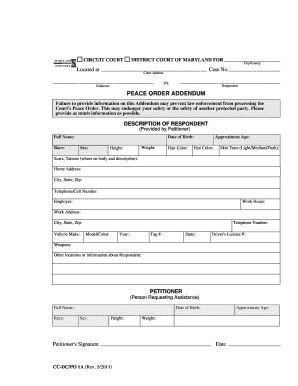 Maryland Peace Order Addendum
