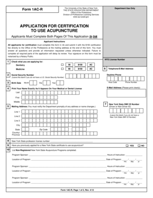 Application for Certification to Use Acupuncture