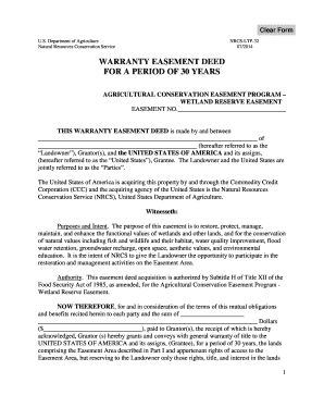 Warranty Easement Deed for Wetland Reserve