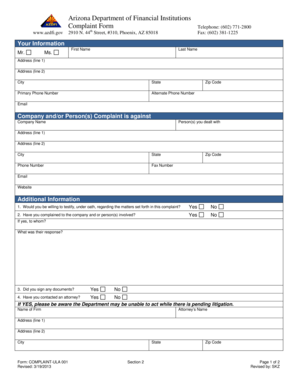 Arizona Financial Complaint Form