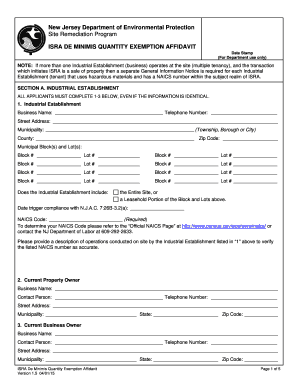 New Jersey ISRA De Minimis Quantity Exemption Affidavit