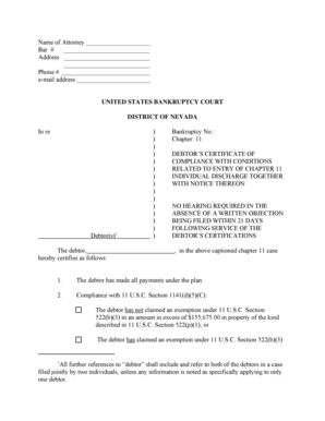 Debtor's Certificate of Compliance with Chapter 11 Discharge
