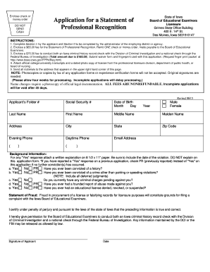 Iowa Statement of Professional Recognition Application