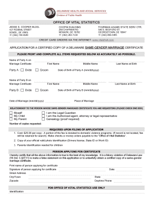 Application for Delaware Same-Gender Marriage Certificate