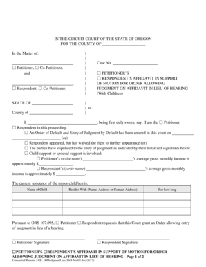 Oregon Affidavit in Support of Motion for Order Allowing Judgment on Affidavit in Lieu of Hearing