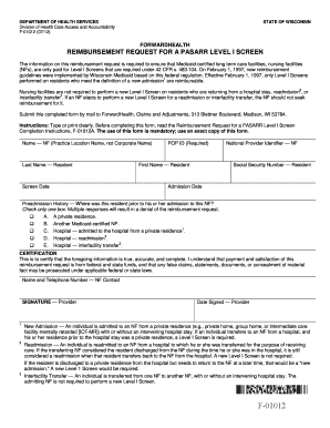Wisconsin PASARR Level I Screen Reimbursement Request