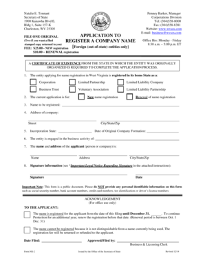 West Virginia Company Name Registration Form