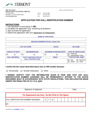 Vermont Hull Identification Number Application