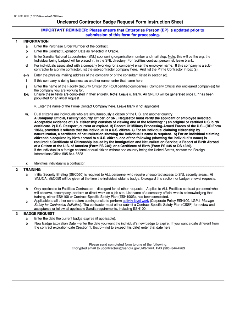 Sf 2730-ubr;contractor badge request form - Sandia National - sandia Preview on Page 1
