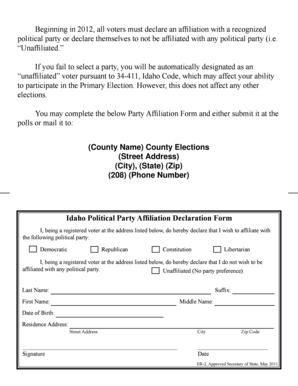 Idaho Political Party Affiliation Declaration Form