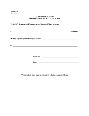 Authorization to Relinquish Personalized Plate