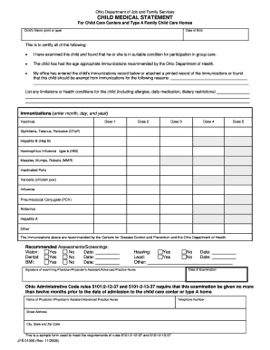 Ohio Child Medical Statement for Child Care Centers