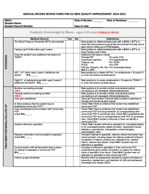 Medical Record Review Form for CO SBHC Quality Improvement