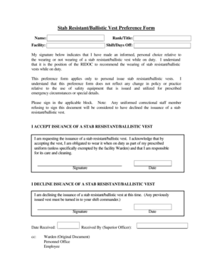 Stab Resistant/Ballistic Vest Preference Form