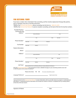 Vermont Quit Network Fax Referral Form