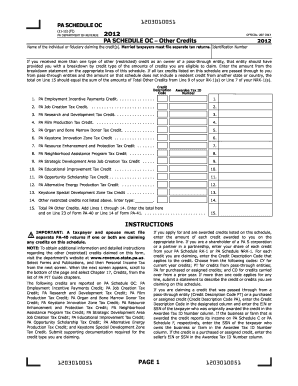 PA Schedule OC – Other Credits 2012