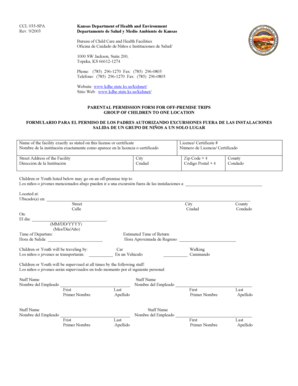Kansas Parental Permission Form for Off-Premise Trips