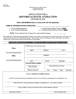 North Carolina Historical State Attraction License Plate Application