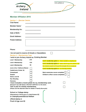 Archery Ireland Member Affiliation Form 2015