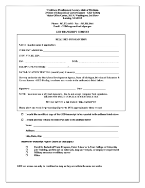 Michigan GED Transcript Request Form