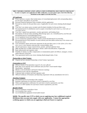 DBE Certification Application Supporting Documents Checklist