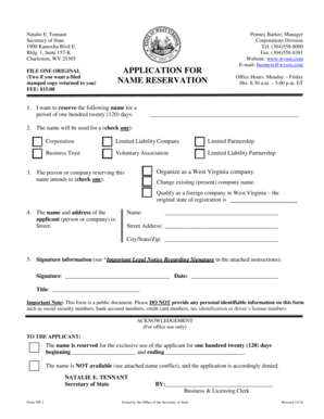 West Virginia Business Name Reservation Application