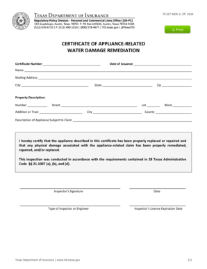 Texas Water Damage Remediation Certificate