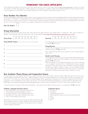 Stanford Student Housing Draw Worksheet