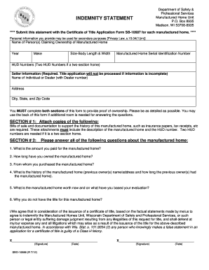Wisconsin Manufactured Home Indemnity Statement