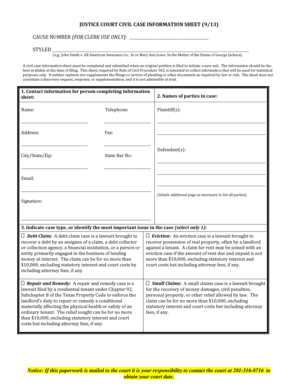 Texas Justice Court Civil Case Information Sheet