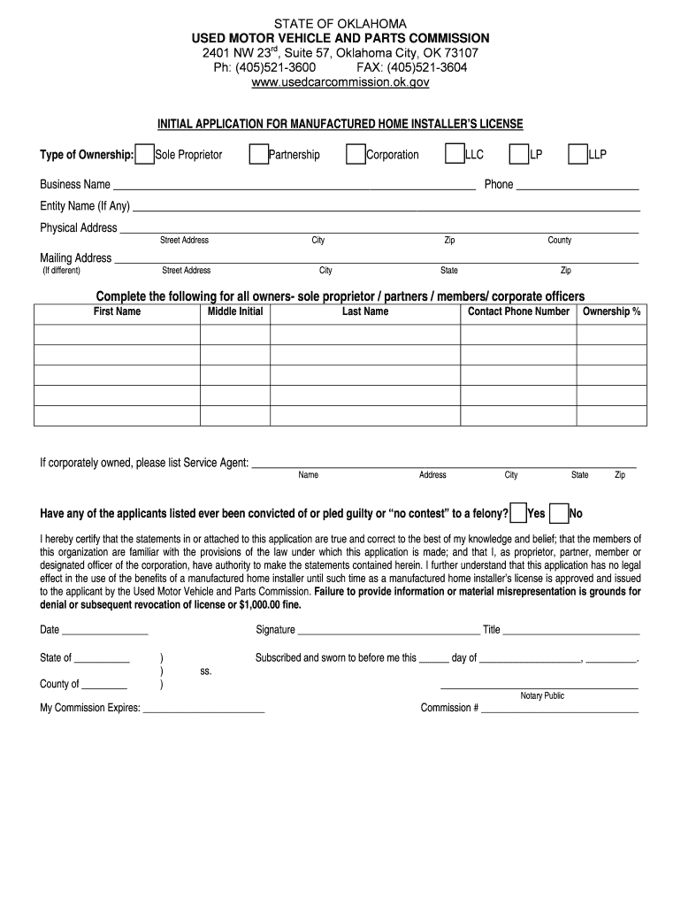 Fillable Online ok Manufactured Home Installer Application - Oklahoma