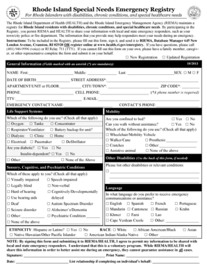 Rhode Island Special Needs Emergency Registry Form