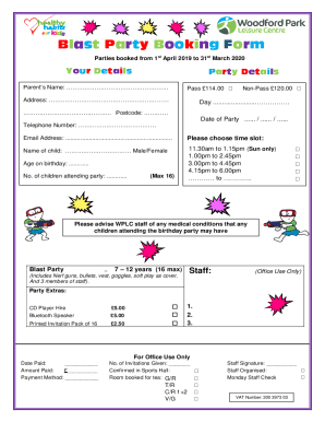 Fillable Online Party Booking Form - Fill Online, Printable, Fillable ...