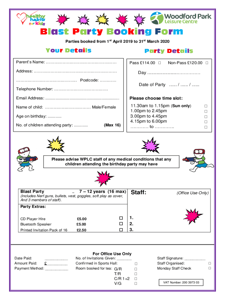 Fillable Online Party Booking Form - Fill Online, Printable, Fillable ...