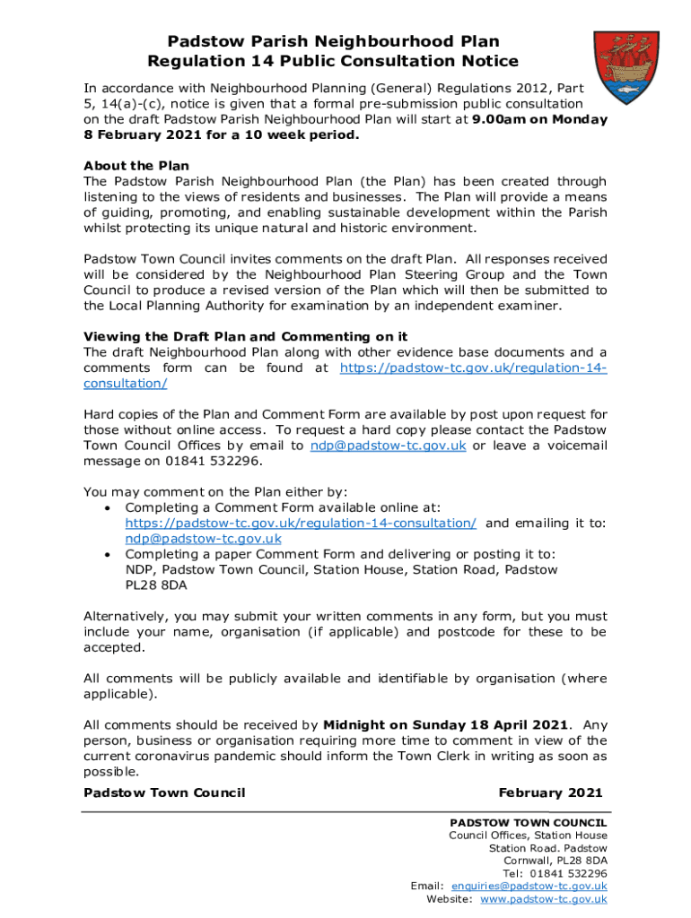 Fillable Online Padstow Parish Neighbourhood Plan Regulation 14 Public